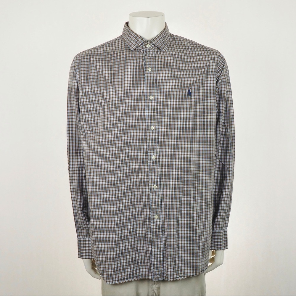 Polo Ralph Lauren Button Down Shirt Mens 2XL XXL Brown Plaid RL Stretch Cotton